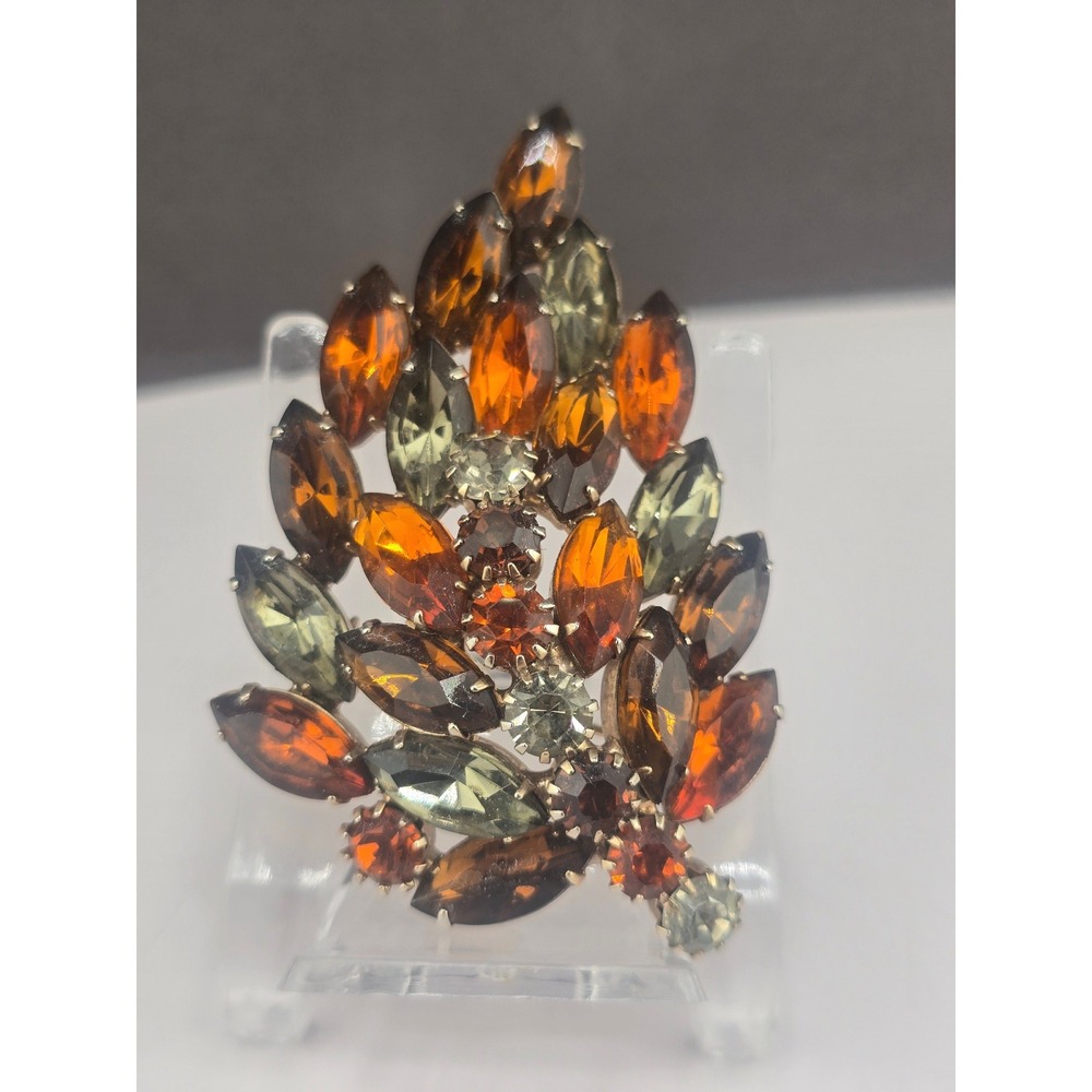 Vintage Estate Brooch Rhinestone Layered Orange Green Fall Autumn Leaf Gold Tone